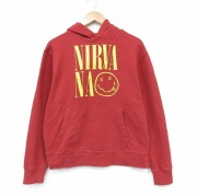 M★古着 オールドネイビー 長袖 ロック バンド スウェット パーカー メンズ ニルバーナ ニルヴァーナ 赤【spe】 26apr01