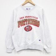 M★古着 ラッセル 長袖 スウェット メンズ 90年代 90s NFL サンフランシスコフォーティナイナーズ 49ers クルーネック USA製 薄グレー他 ボーダー アメフト スーパーボウル【spe】 26mar21