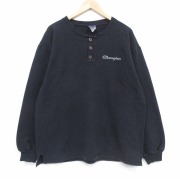 XL★古着 チャンピオン champion 長袖 スウェット メンズ 90年代 90s ワンポイントロゴ 鹿の子 ヘンリーネック USA製 黒【spe】 26apr22