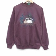L★古着 NORTHERN REFRECTIONS 長袖 スウェット メンズ 90年代 90s 鳥 刺繍 クルーネック バーガンディ【spe】 26may22