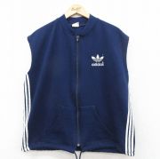 L★古着 アディダス adidas ノースリーブ フルジップ スウェット メンズ 80年代 80s ワンポイントロゴ リーフ トレフォイル USA製 濃紺 3本ライン【spe】26feb03
