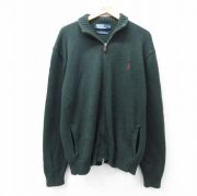 XL★古着 ラルフローレン Ralph Lauren 長袖 ブランド フルジップ ニット カーディガン メンズ 90年代 90s ワンポイントロゴ 大きいサイズ コットン 濃緑 グリーン 【spe】 25sep13 中古 トップス