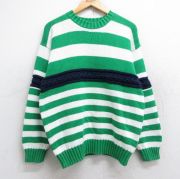 M★古着 トミーヒルフィガー TOMMY HILFIGER 長袖 ブランド セーター メンズ 90年代 90s コットン クルーネック 緑他 グリーン ボーダー 【spe】 25sep27 中古 ニット トップス