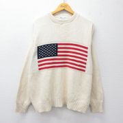 XL★古着 長袖 セーター メンズ 90年代 90s 星条旗 コットン クルーネック USA製 生成り 【spe】 25sep27 中古 ニット トップス