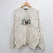 XL★古着 長袖 セーター メンズ 90年代 90s シカ 刺繍 クルーネック USA製 薄ベージュ系 カーキ 【spe】 25sep27 中古 ニット トップス