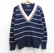 M★古着 ラルフローレン Ralph Lauren 長袖 ブランド チルデン セーター メンズ 90年代 90s コットン Vネック 紺他 ネイビー ボーダー 【spe】 25sep27 中古 ニット トップス