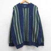XL★古着 IZOD 長袖 セーター メンズ ワンポイントロゴ 大きいサイズ コットン クルーネック 紺他 ネイビー ストライプ 【spe】 25sep30 中古 ニット トップス