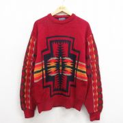 L★古着 ペンドルトン PENDLETON 長袖 セーター メンズ 80年代 80s ネイティブ柄 ラグ柄 ウール クルーネック USA製 エンジ 【spe】 25sep30 中古 ニット トップス