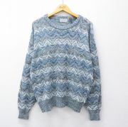 XL★古着 長袖 セーター メンズ 90年代 90s 総柄 クルーネック 薄紺他 ネイビー 【spe】 25oct01 中古 ニット トップス