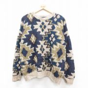 XL★古着 長袖 セーター メンズ 90年代 90s ネイティブ柄 ラグ柄 手編み ハンドニット クルーネック ベージュ他 カーキ 【spe】 25oct01 中古 ニット トップス