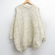XL★古着 長袖 アラン フィッシャーマン ケーブル セーター メンズ 90年代 90s 大きいサイズ ウール クルーネック スコットランド製 生成り 【spe】 25oct04 中古 ニット トップス