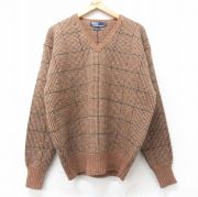 L★古着 ラルフローレン Ralph Lauren 長袖 ブランド セーター メンズ 90年代 90s ヒジ当て レザー使用 ウール Vネック 茶他 ブラウン チェック 【spe】 25oct04 中古 ニット トップス