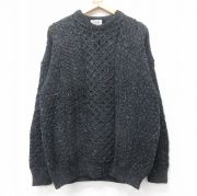 L★古着 長袖 アラン フィッシャーマン ケーブル セーター メンズ 90年代 90s ウール クルーネック アイルランド製 黒他 ブラック 【spe】 25oct04 中古 ニット トップス
