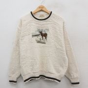 XL★古着 セントジョンズベイ 長袖 セーター メンズ 90年代 90s シカ 刺繍 コットン クルーネック USA製 生成り 【spe】 25oct09 中古 ニット トップス