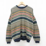 XL★古着 長袖 セーター メンズ 90年代 90s 大きいサイズ コットン クルーネック 濃紺他 ネイビー ボーダー 【spe】 25oct09 中古 ニット トップス