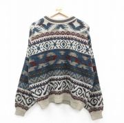 XL★古着 シアーズ 長袖 セーター メンズ 90年代 90s ネイティブ柄 ラグ柄 大きいサイズ アクリル クルーネック 紺他 ネイビー 【spe】 25oct10 中古 ニット トップス