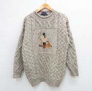 M★古着 長袖 ケーブル セーター メンズ 90年代 90s 犬 ウール クルーネック グレー系 【spe】 25oct10 中古 ニット トップス