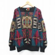 L★古着 ボストントレーダース 長袖 セーター メンズ 00年代 00s ハンドニット 手編み ウール クルーネック 黒他 ブラック 【spe】 25oct10 中古 ニット トップス