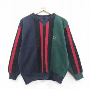 M★古着 トミーヒルフィガー TOMMY HILFIGER 長袖 ブランド セーター メンズ 90年代 90s ワンポイントロゴ マルチカラー コットン クルーネック 緑他 グリーン ストライプ 【spe】 25oct11 中古 ニット トップス