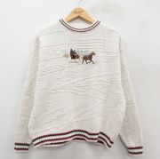 L★古着 長袖 セーター メンズ 90年代 90s 馬車 刺繍 コットン クルーネック USA製 生成り他 【spe】 25oct11 中古 ニット トップス