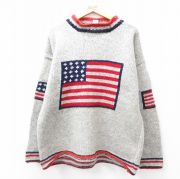 XL★古着 長袖 セーター メンズ 星条旗 ウール クルーネック エクアドル製 グレー他 【spe】 25oct14 中古 ニット トップス