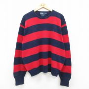 XL★古着 ラルフローレン Ralph Lauren 長袖 ブランド セーター メンズ 90年代 90s ワンポイントロゴ 大きいサイズ コットン クルーネック 濃紺他 ネイビー ボーダー 【spe】 25oct17 中古 ニット トップス