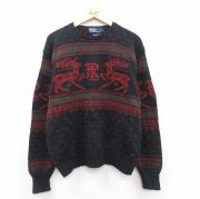 XL★古着 ラルフローレン Ralph Lauren 長袖 ブランド セーター メンズ 90年代 90s ビッグロゴ シカ バーズアイ コットン クルーネック 黒他 ブラック 【spe】 25oct20 中古 ニット トップス