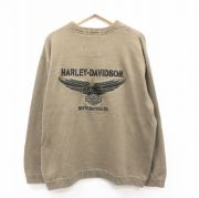 XL★古着 ハーレーダビッドソン Harley Davidson 長袖 セーター メンズ ビッグロゴ 刺繍 大きいサイズ コットン クルーネック 緑系 グリーン 【spe】 25oct20 中古 ニット トップス