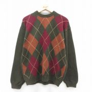 L★古着 トミーヒルフィガー TOMMY HILFIGER 長袖 ブランド セーター メンズ 90年代 90s アーガイル ワンポイントロゴ コットン クルーネック 濃緑他 グリーン 【spe】 25oct22 中古 ニット トップス