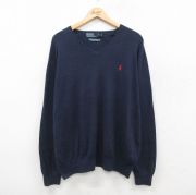 XL★古着 ラルフローレン Ralph Lauren 長袖 ブランド セーター メンズ 90年代 90s ワンポイントロゴ 大きいサイズ コットン Vネック USA製 紺 ネイビー 【spe】 25oct22 中古 ニット トップス