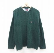 XL★古着 トミーヒルフィガー TOMMY HILFIGER 長袖 ブランド ケーブル セーター メンズ 90年代 90s ワンポイントロゴ コットン クルーネック 緑 グリーン 【spe】 25oct23 中古 ニット トップス