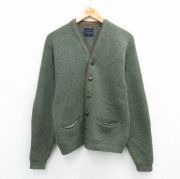 S★古着 バンヒューセン 長袖 ビンテージ ニット カーディガン メンズ 60年代 60s ヒジ当て レザー使用 ウール 緑他 グリーン 【spe】 25oct29 中古 トップス