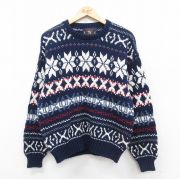 M★古着 長袖 ノルディック セーター メンズ 80年代 80s 雪柄 フェアアイル コットン クルーネック USA製 紺他 ネイビー 【spe】 25oct30 中古 ニット トップス