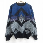 L★古着 長袖 セーター メンズ 90年代 90s ネイティブ柄 ラグ柄 レザー使用 アクリル クルーネック 紺他 ネイビー 【spe】 25nov01 中古 ニット トップス