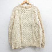 L★古着 長袖 アラン フィッシャーマン ケーブル セーター メンズ 90年代 90s 手編み ハンドニット ラグラン ウール クルーネック 生成り 【spe】 25nov04 中古 ニット トップス