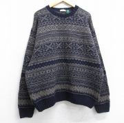 XL★古着 G.H.BASS 長袖 セーター メンズ 00年代 00s フェアアイル ウール クルーネック イングランド製 紺他 ネイビー 【spe】 25nov04 中古 ニット トップス