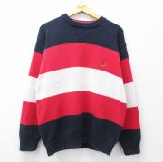 L★古着 トミーヒルフィガー 長袖 ブランド セーター メンズ 90年代 90s ワンポイントロゴ コットン クルーネック 赤他 ボーダー【spe】 25nov11