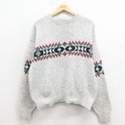 L★古着 EMS 長袖 セーター メンズ 90年代 90s ネイティブ柄 ラグ柄 コットン クルーネック USA製 グレー 霜降り他【spe】 25nov17