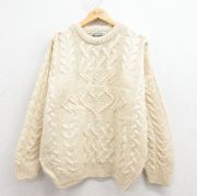 L★古着 長袖 アラン フィッシャーマン ケーブル セーター メンズ 90年代 90s ウール クルーネック アイルランド製 生成り【spe】 25dec02