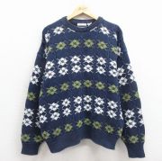 XL★古着 長袖 ケーブル セーター メンズ 90年代 90s コットン クルーネック USA製 濃紺【spe】 25dec03