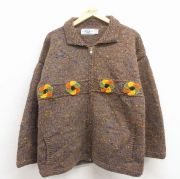 L★古着 長袖 ニット カーディガン メンズ 90年代 90s 花柄 手編み ウール エクアドル製 濃ベージュ【spe】 25dec03