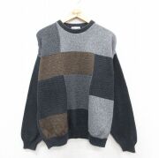 XL★古着 長袖 セーター メンズ 90年代 90s 手織り クルーネック USA製 濃グレー他【spe】 25dec05