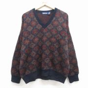 XL★古着 ランズエンド 長袖 セーター メンズ 90年代 90s 総柄 Vネック イタリア製 茶他【spe】 25dec11