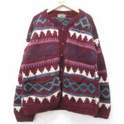 XL★古着 長袖 ニット カーディガン メンズ 90年代 90s 大きいサイズ ウール エクアドル製 エンジ他【spe】 25dec12