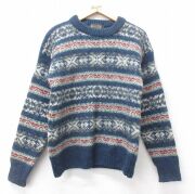 S★古着 長袖 セーター メンズ 90年代 90s フェアアイル ウール アルパカ クルーネック イングランド製 紺他【spe】 25dec12