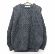 L★古着 長袖 アラン フィッシャーマン ケーブル セーター メンズ 90年代 90s ウール クルーネック 濃グレー【spe】 25dec12