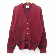 M★古着 長袖 ニット カーディガン メンズ 90年代 90s バーズアイ ウール USA製 エンジ他【spe】 25dec13