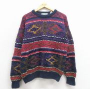 L★古着 長袖 セーター メンズ 00年代 00s ネイティブ柄 ラグ柄 コットン クルーネック 紫【spe】 25dec29