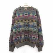 XL★古着 ボンストントレーダーズ 長袖 セーター メンズ 90年代 90s ネイティブ柄 ラグ柄 手編み ハンドニット ウール クルーネック 濃緑他【spe】 25dec27