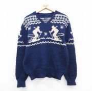M★古着 ラルフローレン 長袖 ブランド セーター メンズ 90年代 90s スキー ウール Vネック 紺他【spe】 25dec27